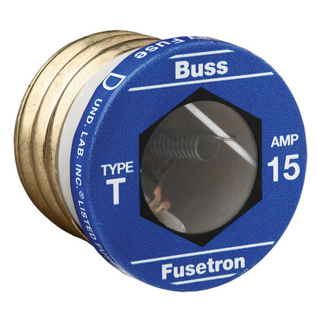 EATON BUSSMANN Plug Fuse, T Series, Time-Delay, 15A, 125V AC, Indicating, 10kA at 125V AC, 4 PK T-15